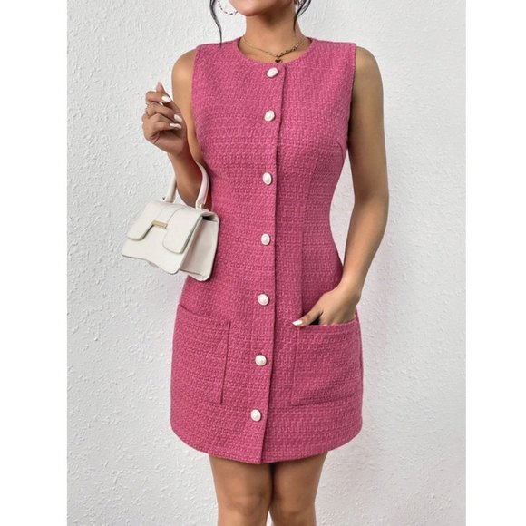 . Dresses & Skirts - Classic Dual Pocket Button Front Tweed Dress - Pink